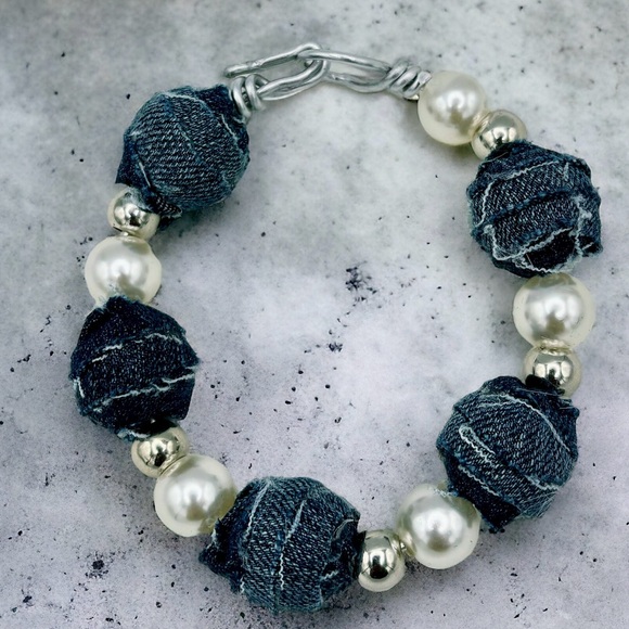 Handcrafted Upcycled Denim Earring wrapped beads and pearls. - Picture 1 of 1